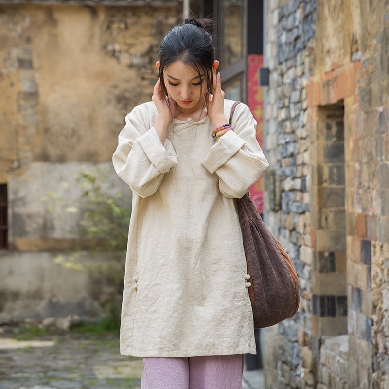 Vintage Summer Chinese Boat Collar Long Sleeve Shirt, Cotton  Linen Washed Frog Long T-Shirt 20250604