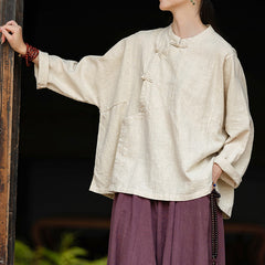 Women's Vintage Chinese Frog Button Long Sleeve Cotton Linen Shirt with Embroidery V-Neck Loose Blouse Shirt 20240920