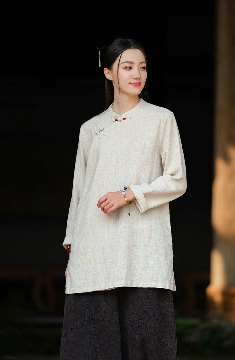 2026 Spring New Arrival: Retro Cotton-Linen Chinese-Style Stand-Collar, Color-Blocked, Button-Fastened, Wrap-Front Blouse for Women – Zen Tea Attire