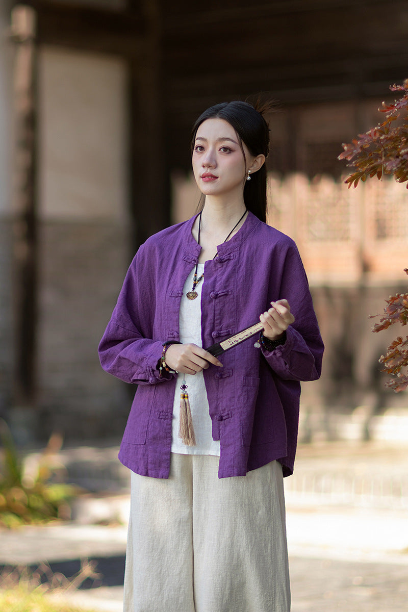2026 New Arrival: Women's Long-Sleeve Cotton-Linen Blouse, Loose-Fit Chinese-Style Stand-Up Collar with Button-Down Front