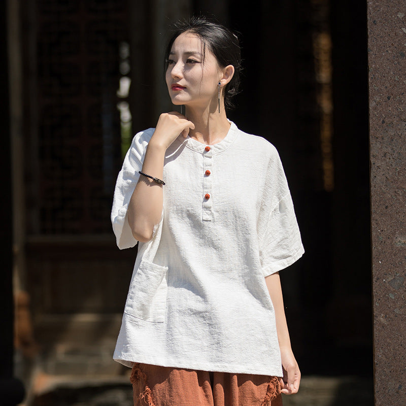 Summer Cotton Chinese t-shirt,cotton linen Washed Plate Button Women's Short Sleeve T-Shirt 20240714