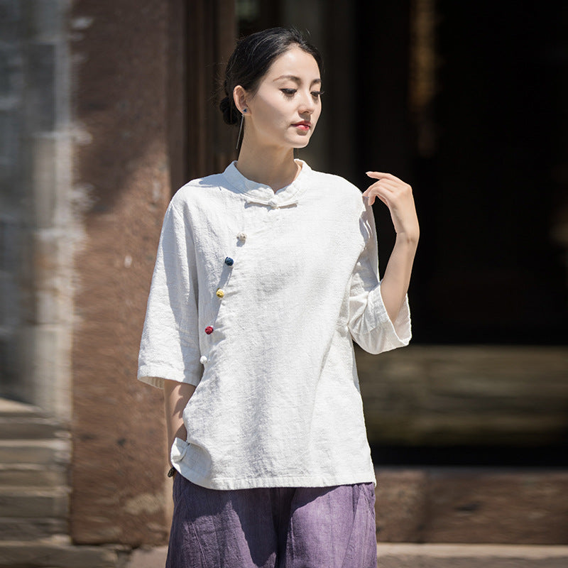 Summer Chinese Tops, Ramie Lapel Vintage Summer Tea Clothes Short Sleeve Shirt，Frog Button Round Collar Shirt