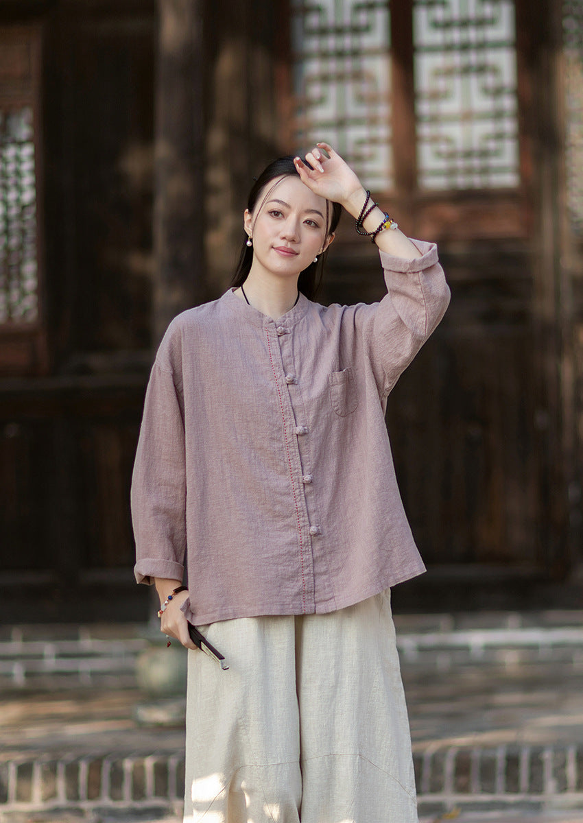 2026 Spring Cotton-Linen Women's New Chinese-Style Ramie Blouse, Loose-Fitting Cotton-Linen Button-Down Shirt with Chinese-Style Buttons, Modernized Tang-Style Jacket