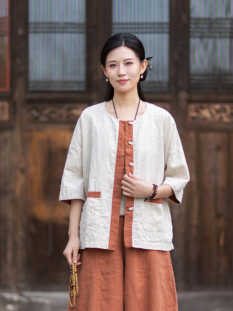 New New Chinese-Style Design: Comfortable, Lightweight Linen Top with Color-Blocked Patchwork and Button-Front Cardigan 20260511