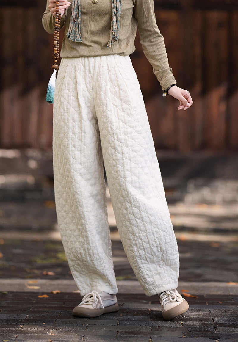 2026 Winter New Arrival: Artistic, Retro, and Zen-Inspired Women's Cotton-Padded Pants for Outdoor Wear—Warm, Cold-Resistant, with Elastic Waist and Bell-Bottom Design