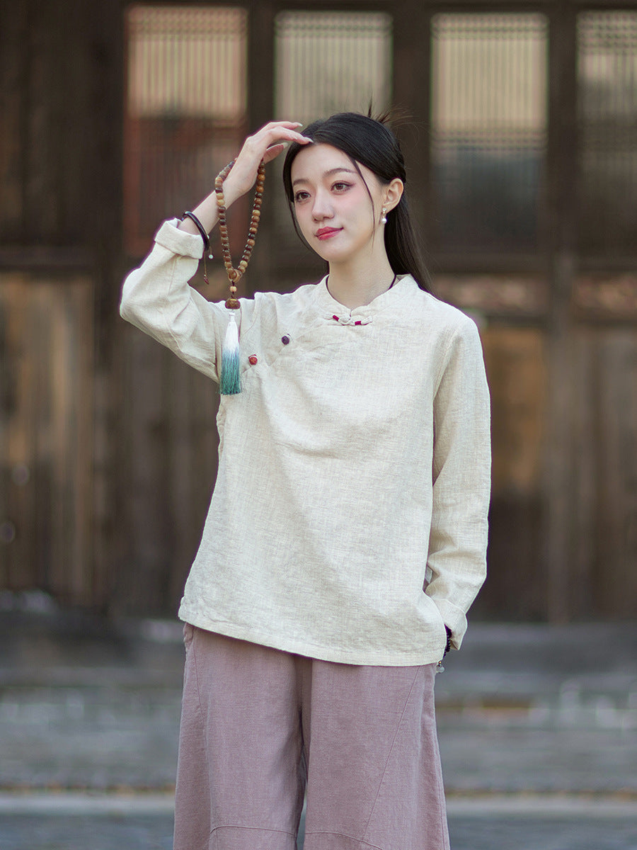 2026 Spring New Arrival: Original Cotton-Linen Women's Chinese-Style Stand-Collar Top, Tea Ceremony-Style Women's Diagonal-Placket Color-Blocked Button-Down Shirt
