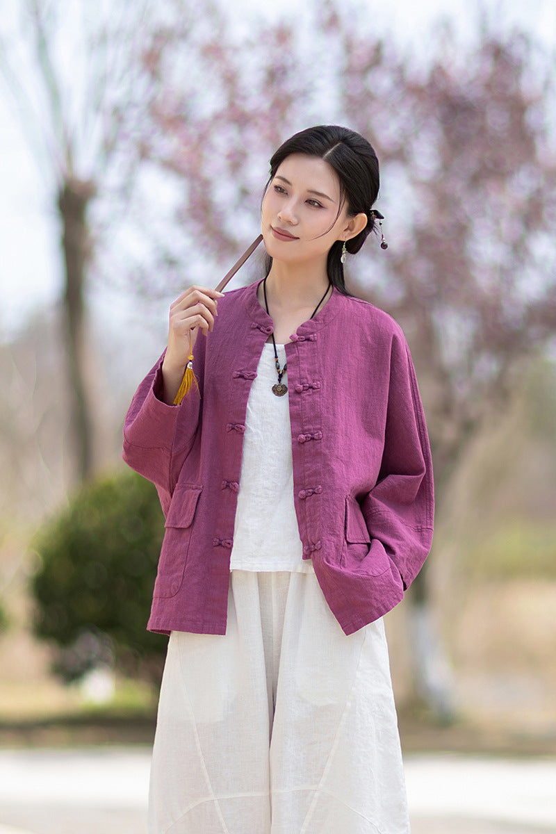 New Chinese-Style Loose-Fit Women's Shirt: Ramie Distressed Mandarin-Collared Modified Tang-Style Cardigan 20260511