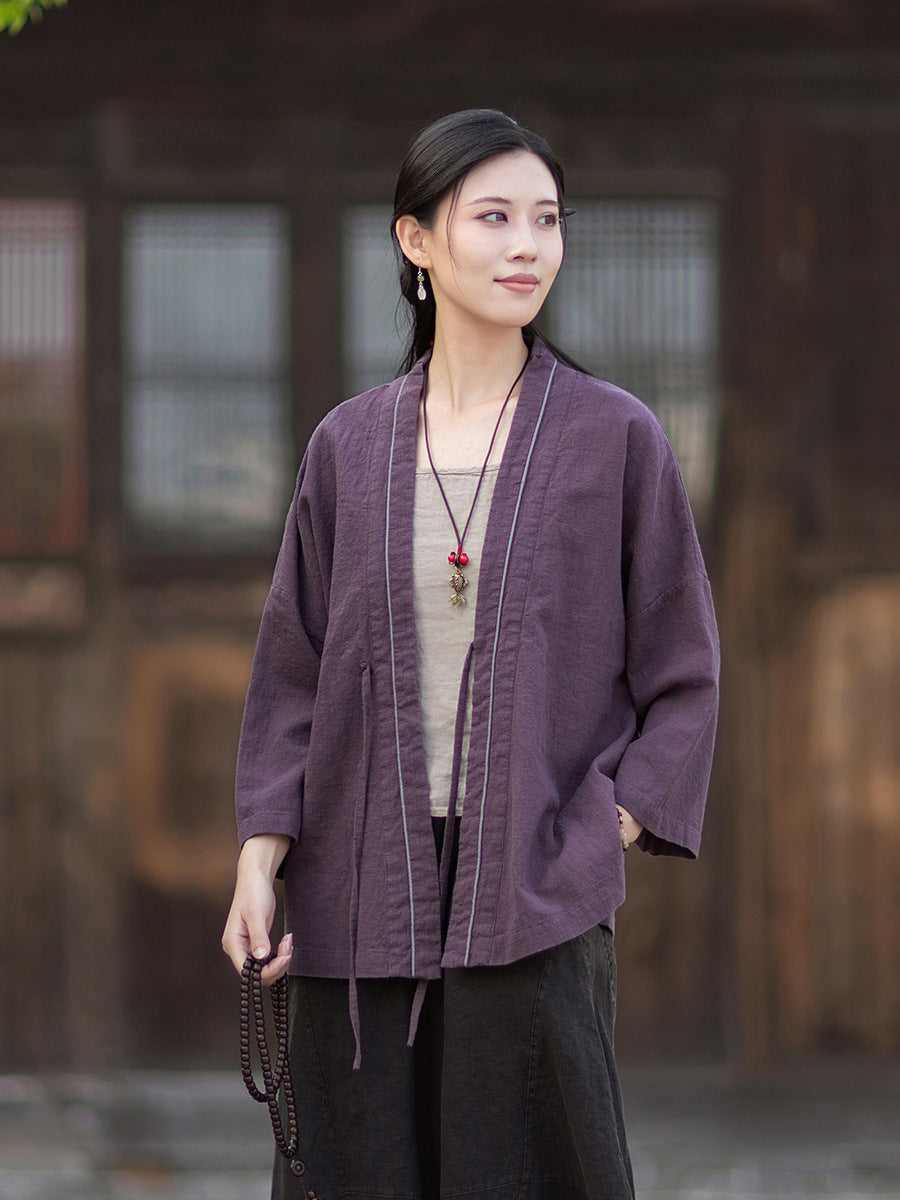 New Cotton-Linen Women's Vintage Zen-Inspired Ramie Tapered-Sleeve Tie-Front Cardigan, Loose-Fit Chinese-Style Jacket 20260511