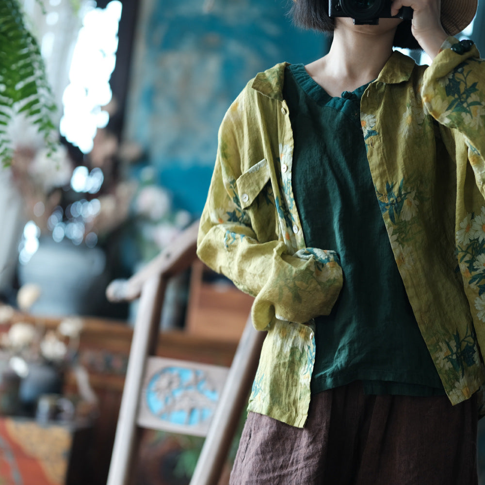 Vintage Yellow Digital Print Pure Ramie Shirt, Summer Loose Casual Shirt 240621