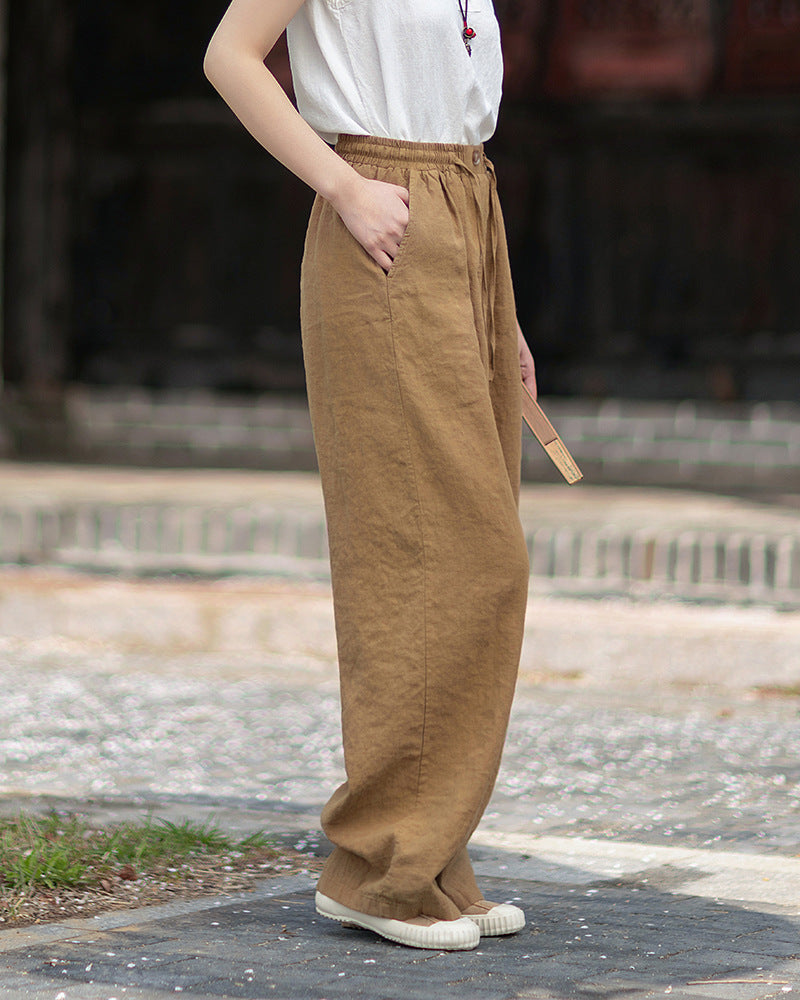 New Summer Collection: Women's Cotton-Linen Artistic and Versatile Casual Linen Pants with Drawstring Elastic Waist, Flowing Silhouette, and Slimming Straight Legs 20260511