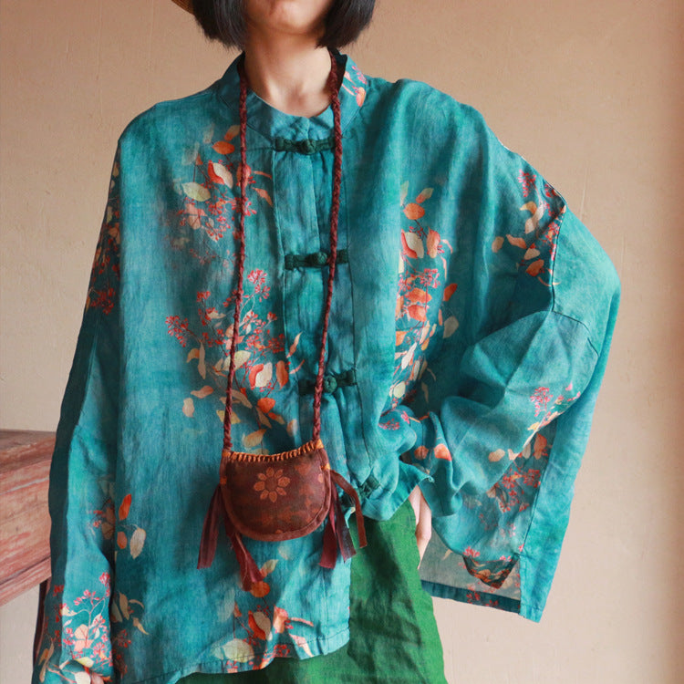 Blue Printed Ramie Shirt, Summer Linen Shirt, Vintage Chinese Frog Button Shirt ,summer shirts for women