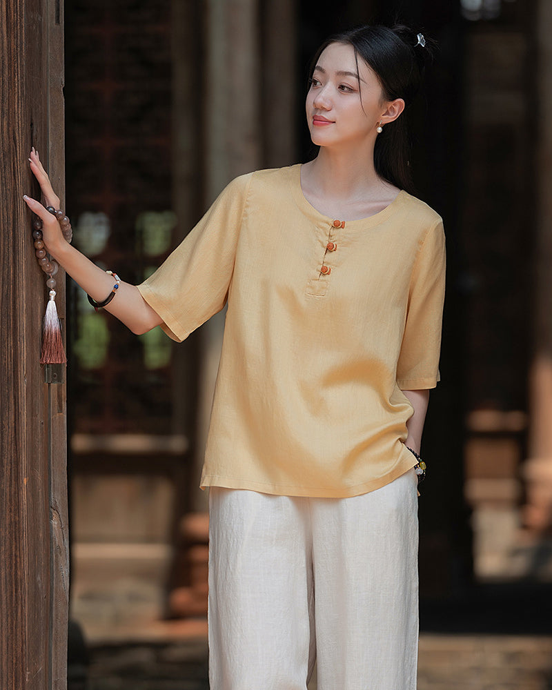 Frog Button Cotton  Linen Shirt, Summer Chinese Vintage Women Sandwashed Cotton  Linen T-shirt 20240728