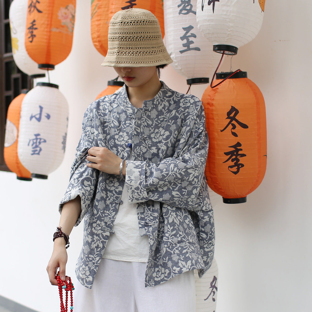 Vintage Chinese Standing Collar Loose Frog Button Shirt,  Printed  flower Cotton  Linen Jacket 20250408