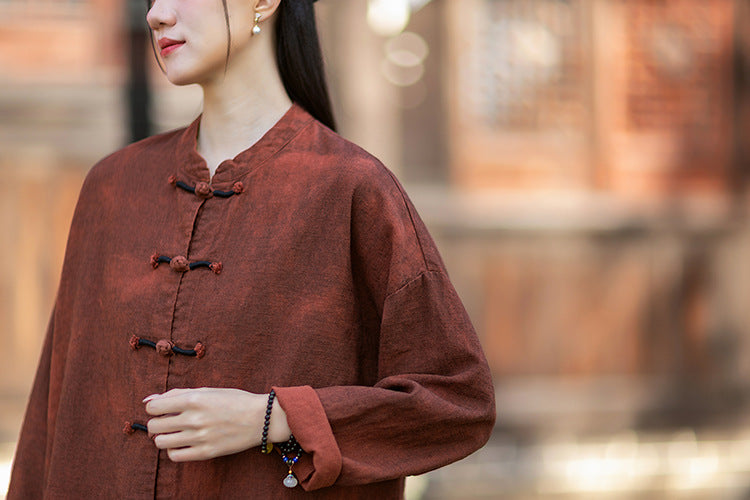2026 Spring New Arrival: Chinese-Style Retro Double-Breasted Color-Blocked Button-Down Shirt, Women's Modernized Stand-Up Collar Ombre-Dye Tang-Style Cardigan