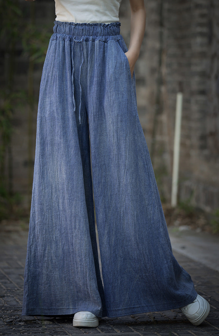 Ramie Handmade Tie-Dye Tied Mid-Waist Wide-Leg Pants, Vintage Elastic Waist Casual Trousers 20240722