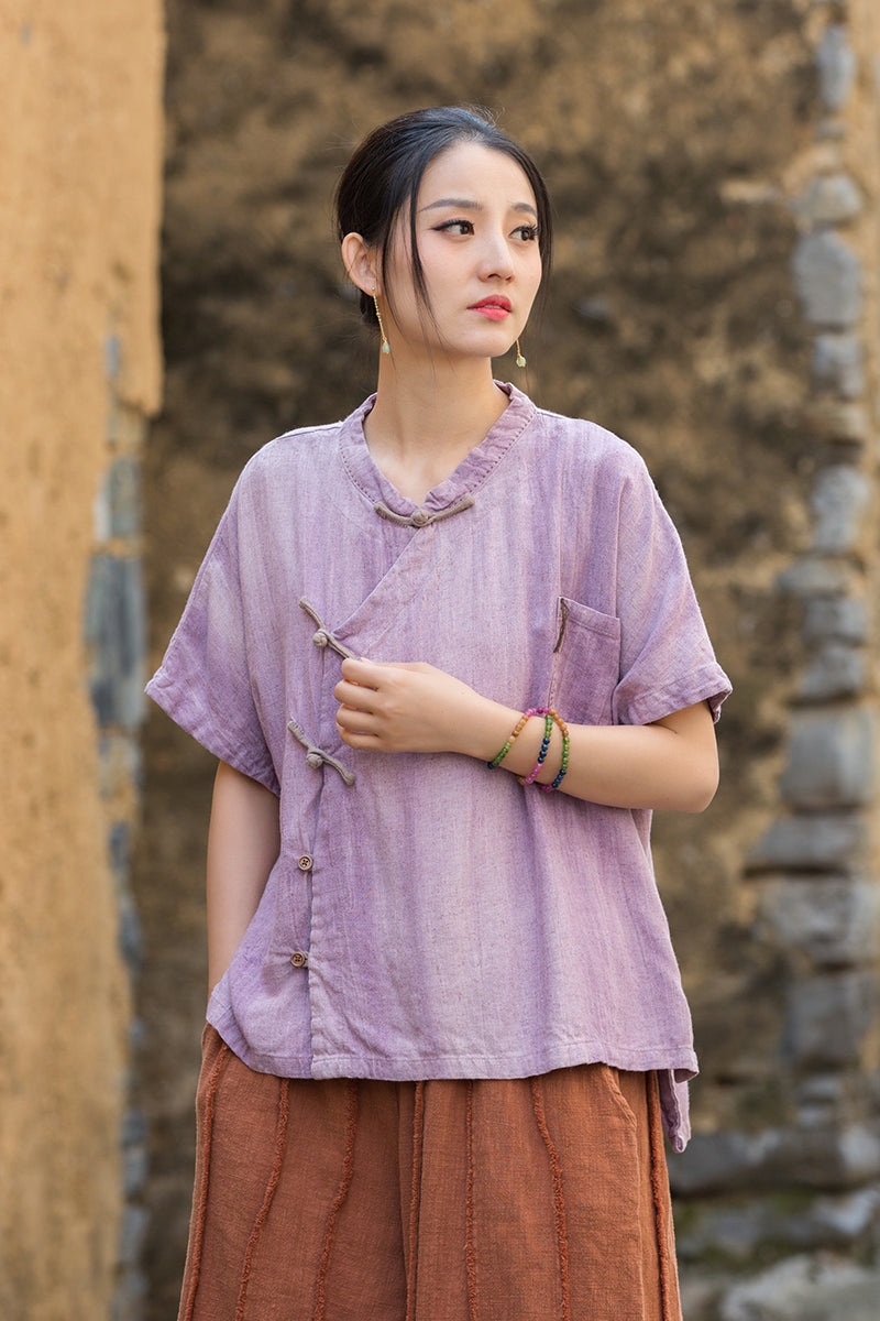 Women's Summer Chinese Short Sleeve Shirt, Vintage Cotton  Linen Casual Frog Button Shirt 20250604