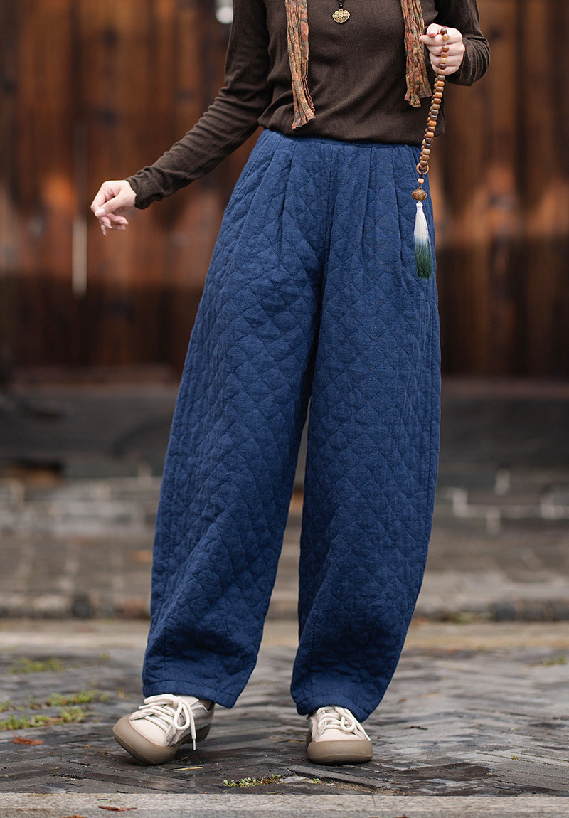 2026 Winter New Arrival: Artistic, Retro, and Zen-Inspired Women's Cotton-Padded Pants for Outdoor Wear—Warm, Cold-Resistant, with Elastic Waist and Bell-Bottom Design