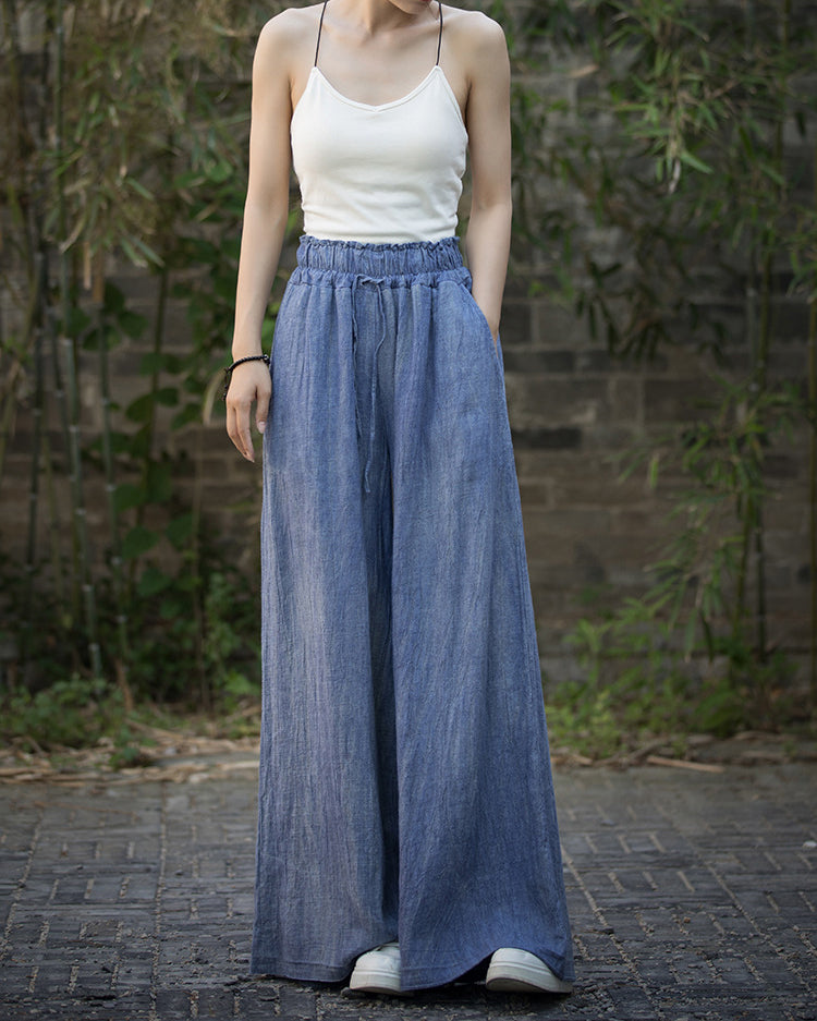 Ramie Handmade Tie-Dye Tied Mid-Waist Wide-Leg Pants, Vintage Elastic Waist Casual Trousers 20240722