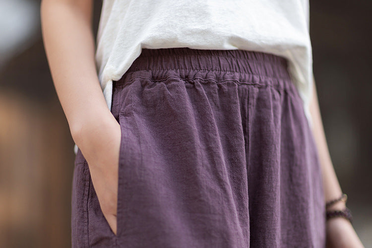 New Summer Arrival: Women's Artistic-Style Lightweight Linen Casual Pants with Elastic Waistband, Sandwashed, Distressed, Patchwork, and Cropped Bell-Bottom Design 20260511