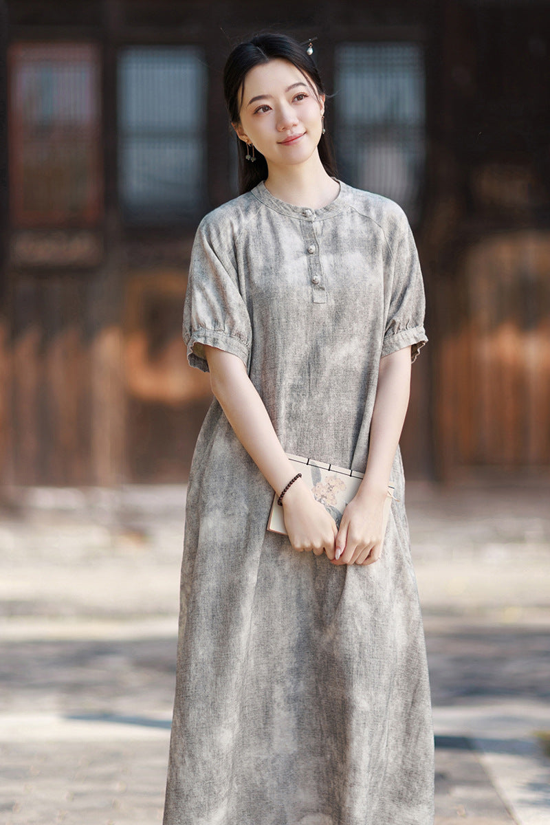2026 Summer Ramie New Chinese-Style Modified Maxi Dress, French-Style Puffed-Sleeve Maxi Dress