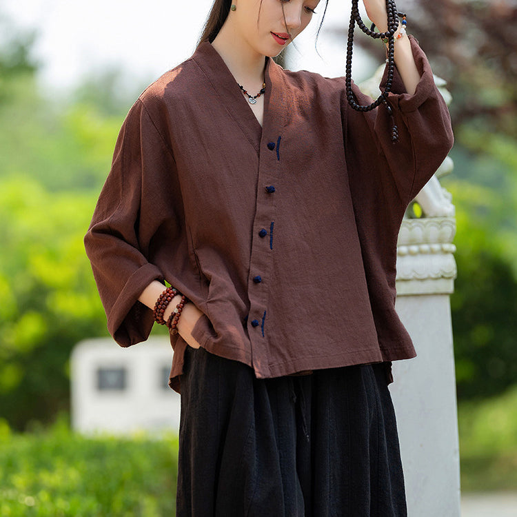 Women's Vintage Chinese Long Sleeve Cotton Linen Shirt with Embroidery V-Neck Loose Kimono 20240920