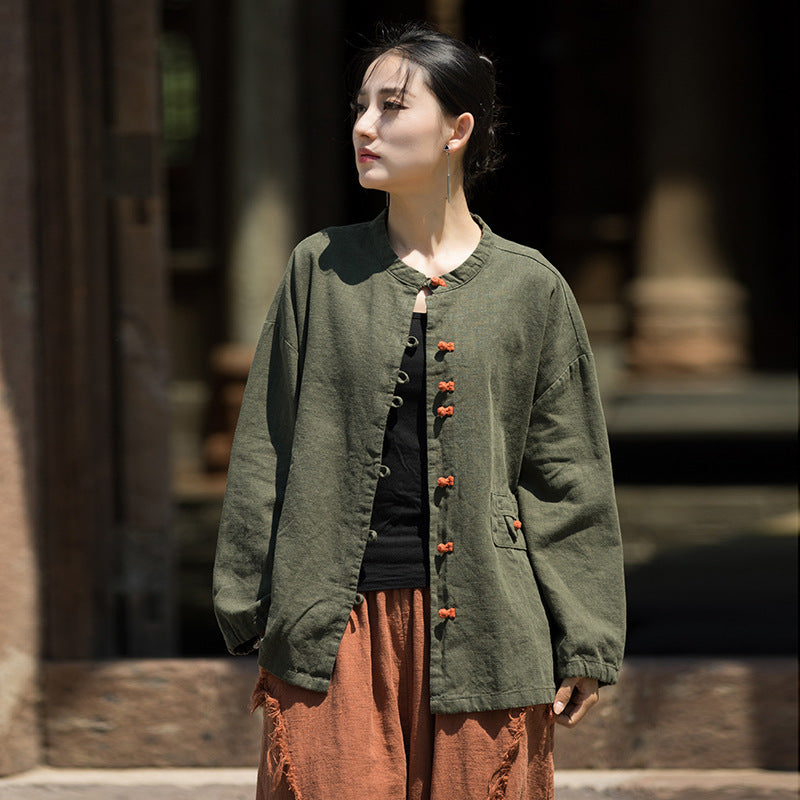 Summer cotton linen Chinese stand-up collar shirt, sandwashed frog button women's long-sleeved shirt 20240714