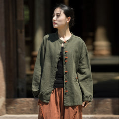 Summer cotton linen Chinese stand-up collar shirt, sandwashed frog button women's long-sleeved shirt 20240714