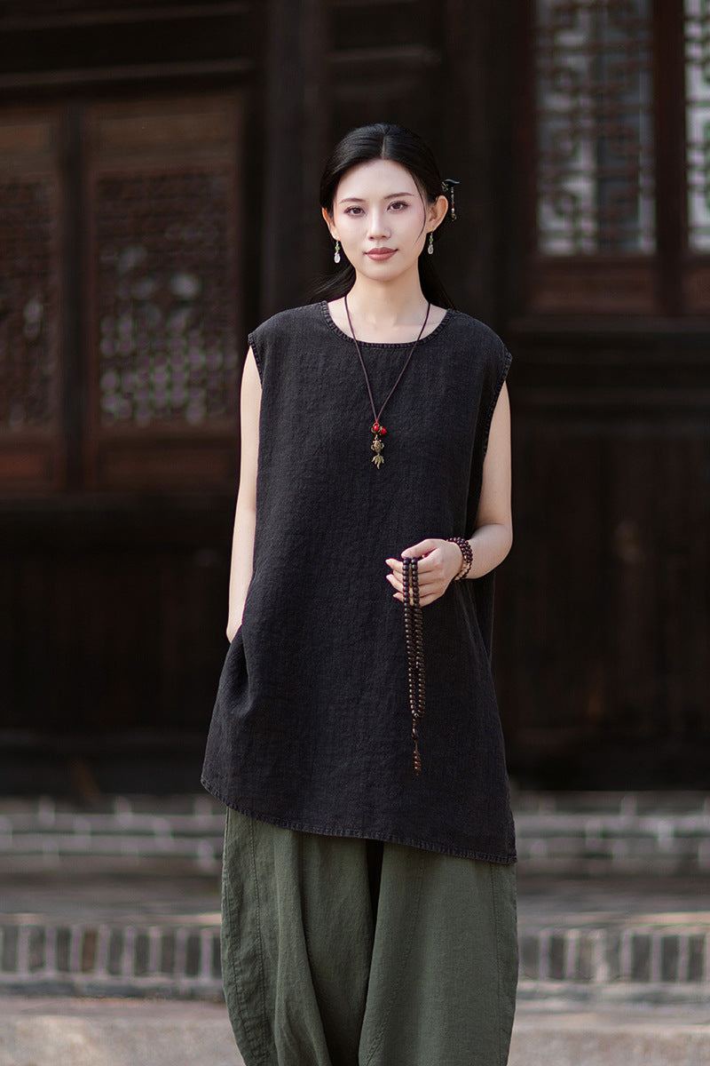 New Vintage-Style Ombré Distressed Versatile Lightweight Sleeveless Dress for Women: Round-Neck Linen Tank Dress 20260511