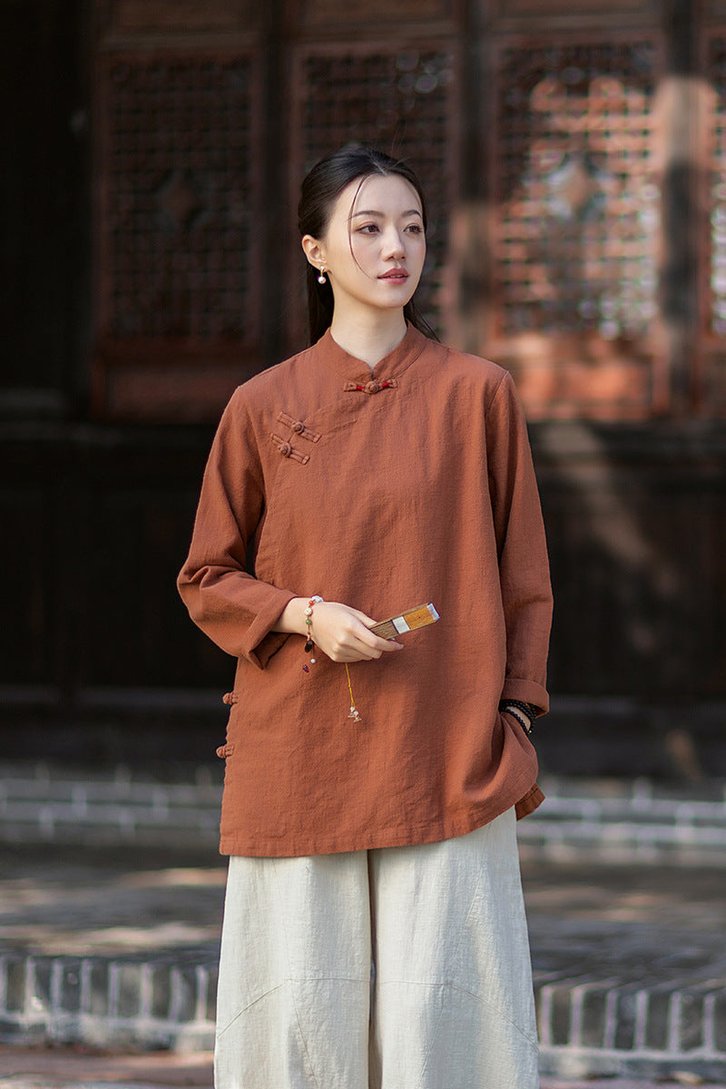 2026 Spring New Arrival: Retro Cotton-Linen Chinese-Style Stand-Collar, Color-Blocked, Button-Fastened, Wrap-Front Blouse for Women – Zen Tea Attire