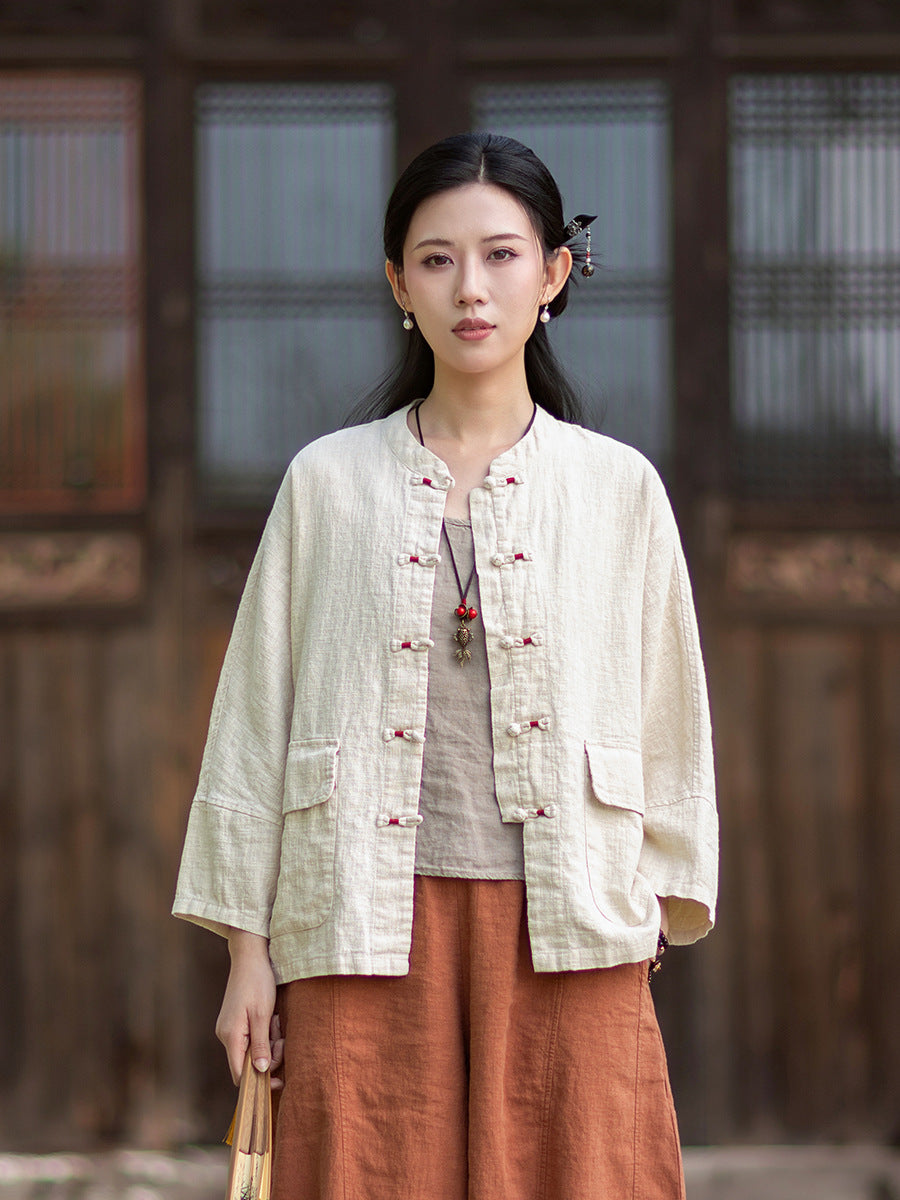 New Chinese-Style Loose-Fit Women's Shirt: Ramie Distressed Mandarin-Collared Modified Tang-Style Cardigan 20260511