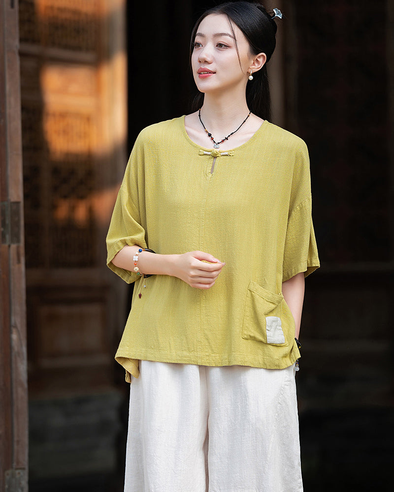 Frog button V-neck patchwork cotton  linen T-shirt, summer Chinese retro women sandwashed loose cotton  linen T-shirt 20240728
