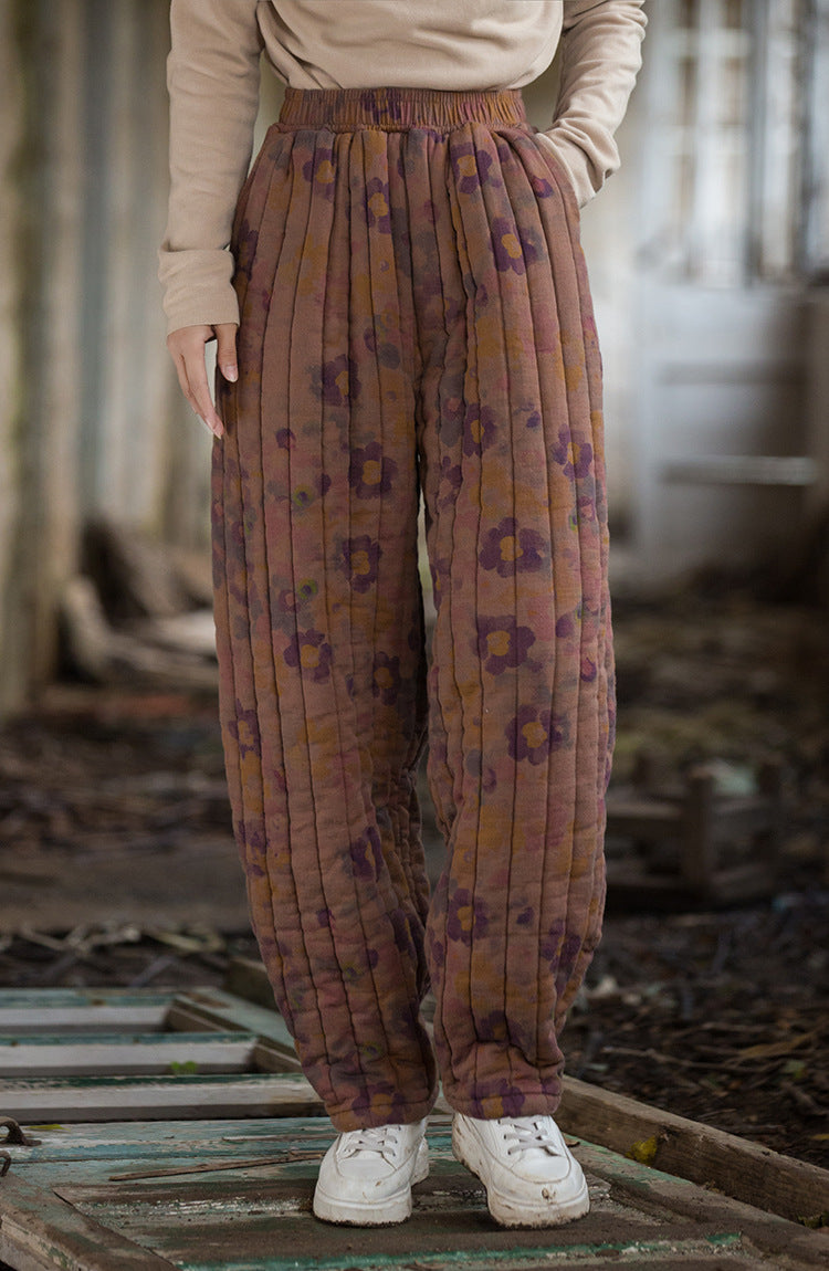 2024 Winter Thickened Printed Flower Quilted Warm Cotton Linen Pants, Vintage Loose Cotton Linen Tapered Pants 20241114