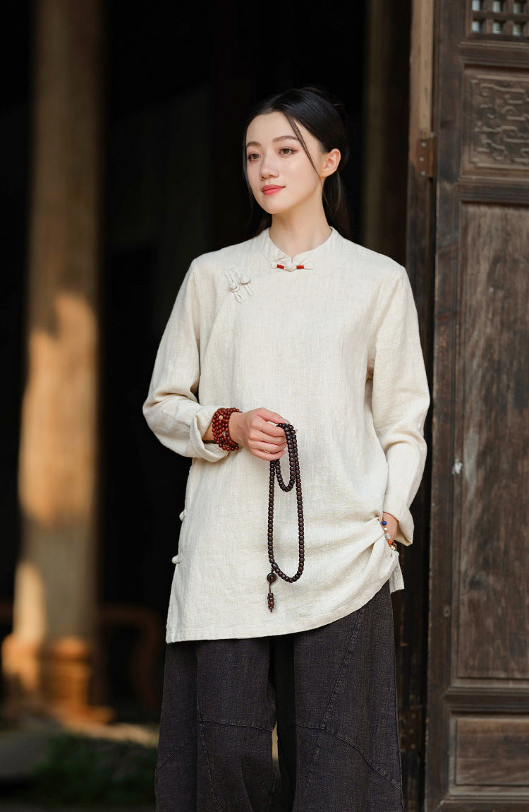 2026 Spring New Arrival: Retro Cotton-Linen Chinese-Style Stand-Collar, Color-Blocked, Button-Fastened, Wrap-Front Blouse for Women – Zen Tea Attire