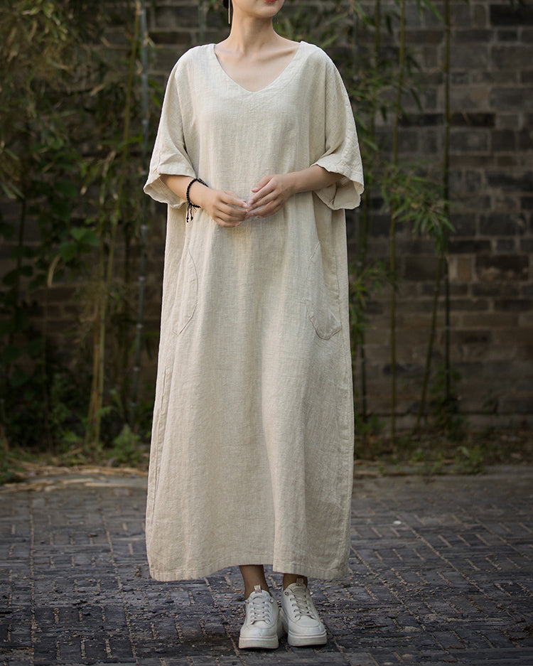 Women loose cotton linen dress plus, V-Neck Handmade Tie-Dye Dress,Loose Cotton Linen Dress 20240714