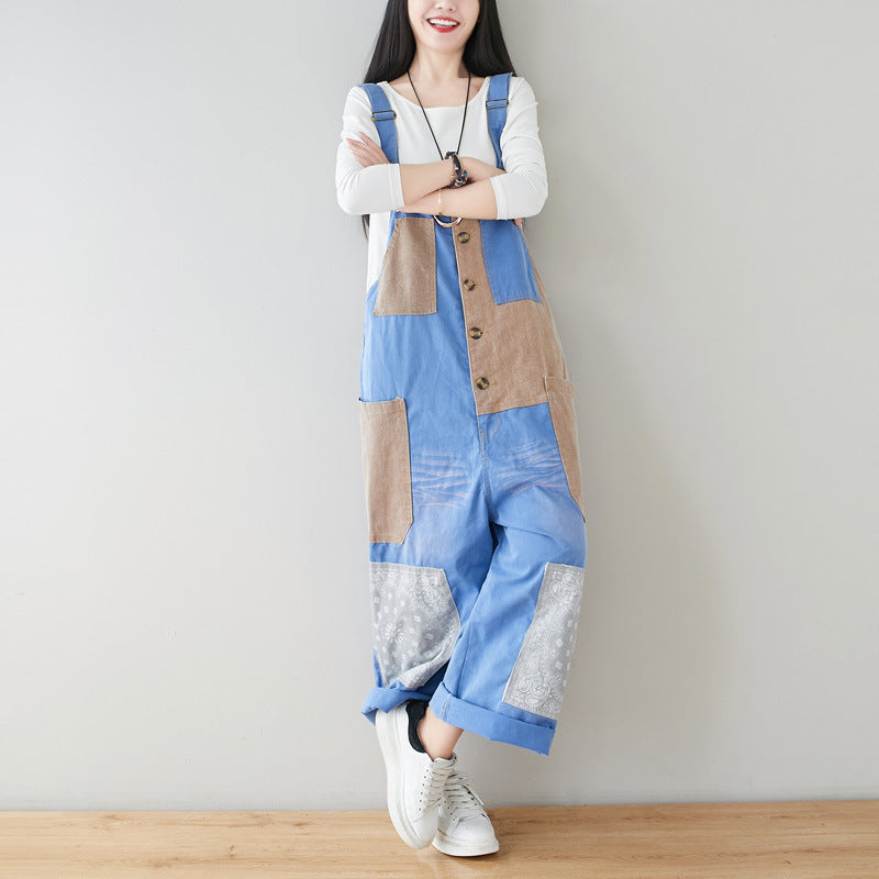 Patchwork cotton overalls, women's printed denim overalls, stonewashed loose overalls