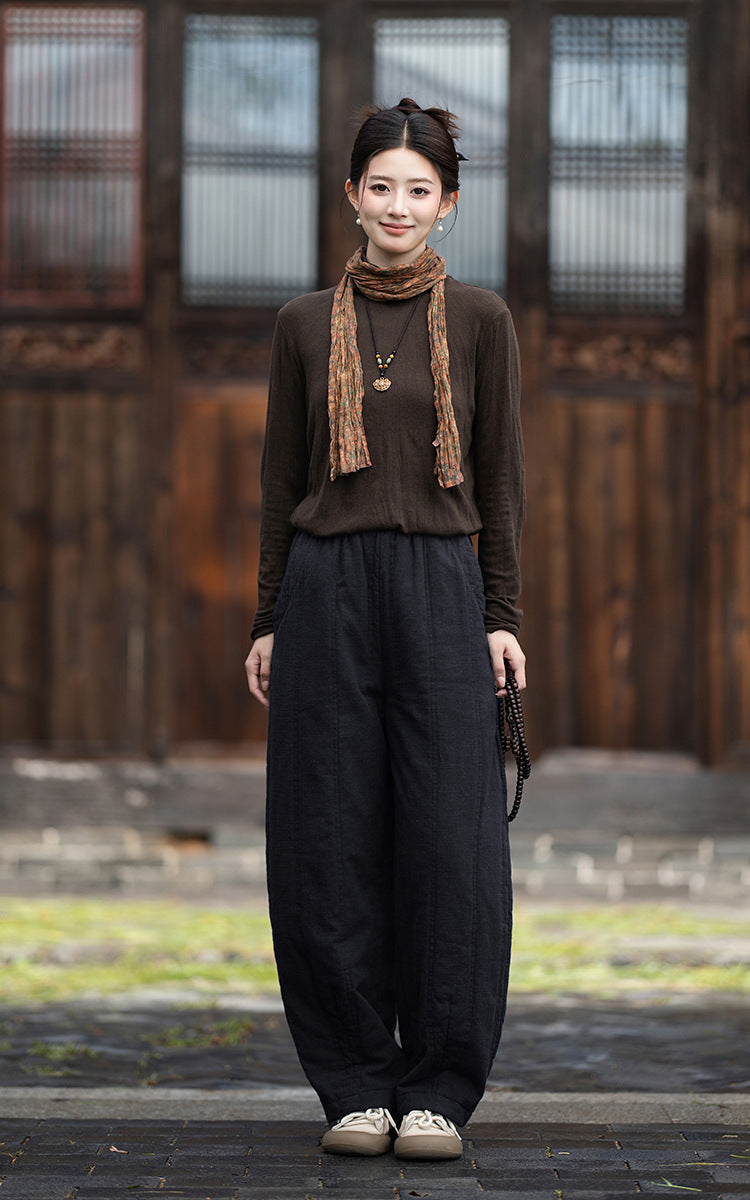 2026 Winter New Original Cotton-Linen Women's Retro, Versatile, Slimming, Elastic-Waist, Loose-Fitting, Casual, Patchwork Straight-Leg Pants