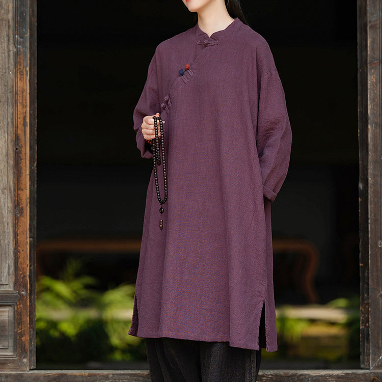 Women's Vintage Chinese Frog Button Long Sleeve Cotton and Linen Long Shirt, Standing Collar Loose Cotton and Linen Jacket 20240920