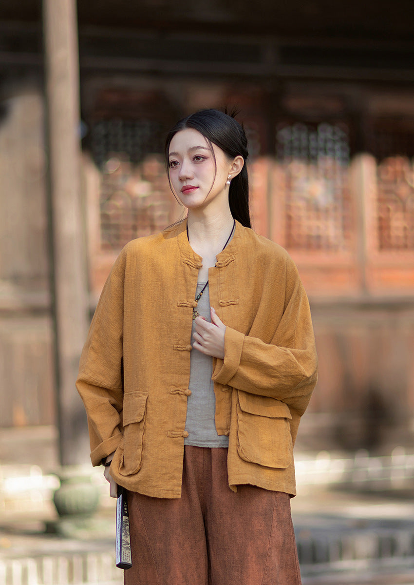 2026 Spring New Arrival: Original Vintage-Inspired Linen-Cotton Women's Cardigan, Loose-Fit Jacket with Stand-Up Collar and Button Closure