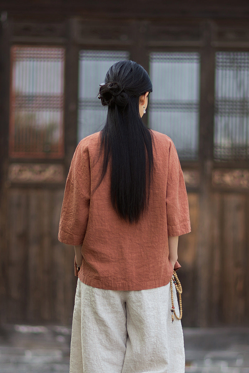 New New Chinese-Style Design: Comfortable, Lightweight Linen Top with Color-Blocked Patchwork and Button-Front Cardigan 20260511