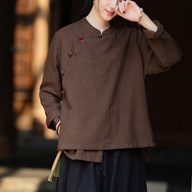 Women's Vintage Chinese Long Sleeve Cotton Linen Shirt with Embroidery Boat Neck Loose Casual Shirt 20240920