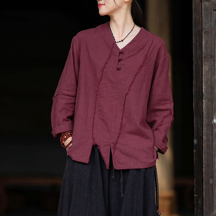 Woman Vintage Chinese Long Sleeve Cotton Linen Shirt with Embroidery V-Neck Loose Top 20240920