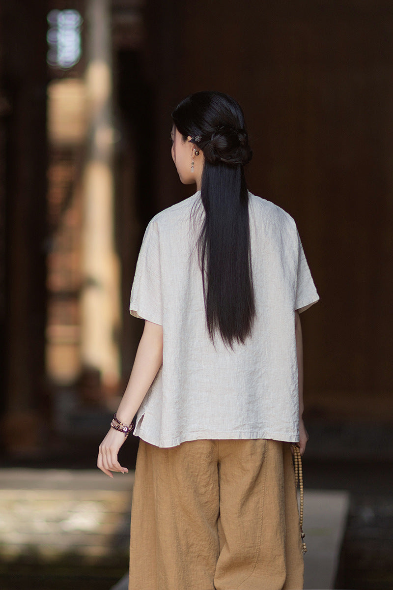 Women's Lightweight Linen Vintage-Style Summer Shirt, New Arrival: Zen-Inspired Stand-Up Collar with Button Closure 20260511