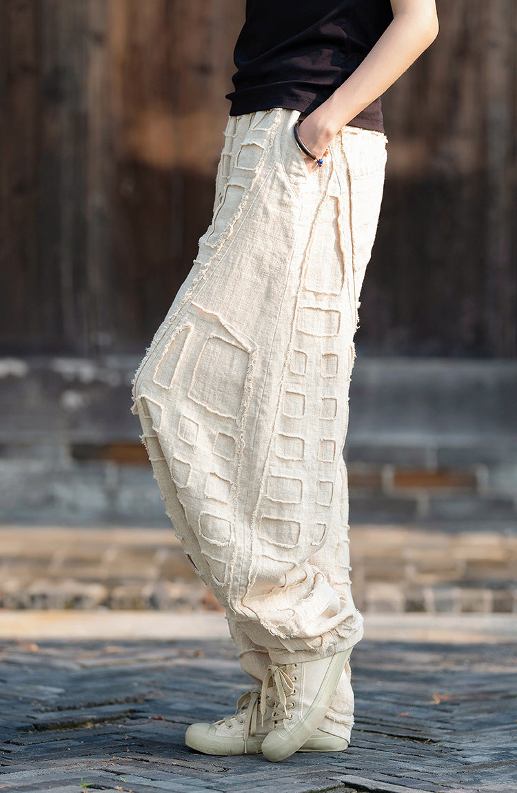 Original personality patchwork natural burlap linen lantern pants personality female wide-legged pants (fall and winter) 20240920