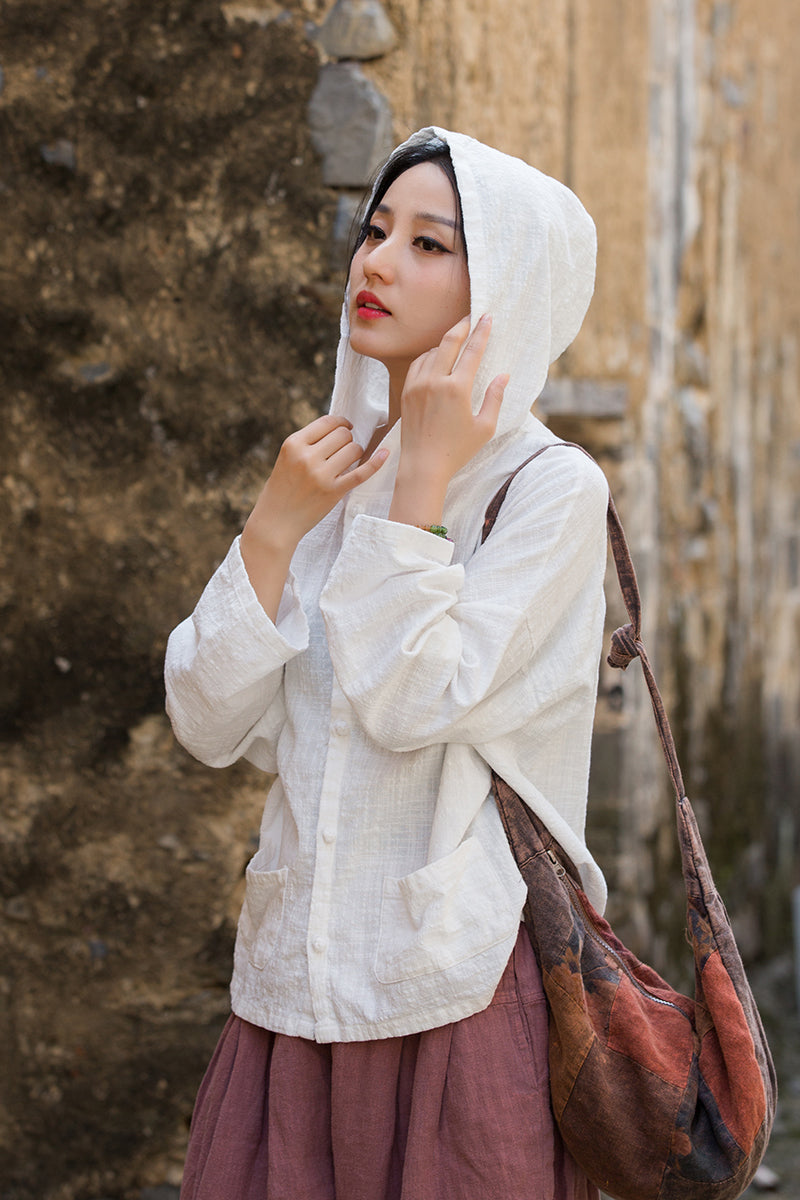 Ladies Summer Chinese Loose Frog Button Hoodie, Vintage Cotton and Linen Casual Shirt 20250604