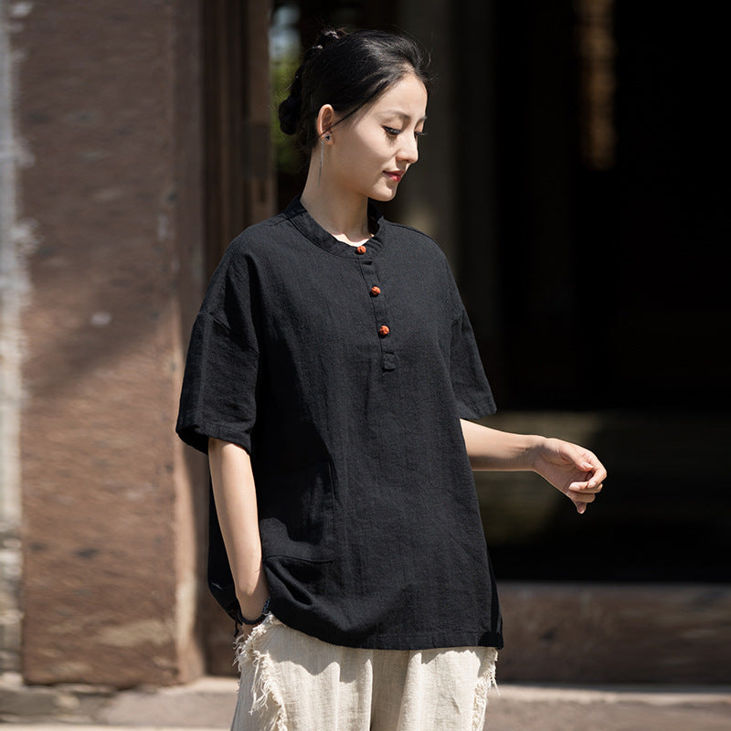 Summer Cotton Chinese t-shirt,cotton linen Washed Plate Button Women's Short Sleeve T-Shirt 20240714