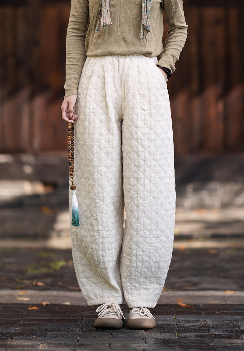 2026 Winter New Arrival: Artistic, Retro, and Zen-Inspired Women's Cotton-Padded Pants for Outdoor Wear—Warm, Cold-Resistant, with Elastic Waist and Bell-Bottom Design