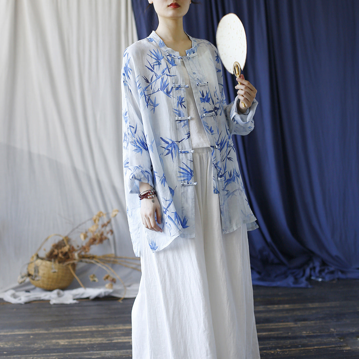 Loose Summer Printed Ramie Shirt, Standing Collar Frog Button Chinese Casual Shirt 20240803