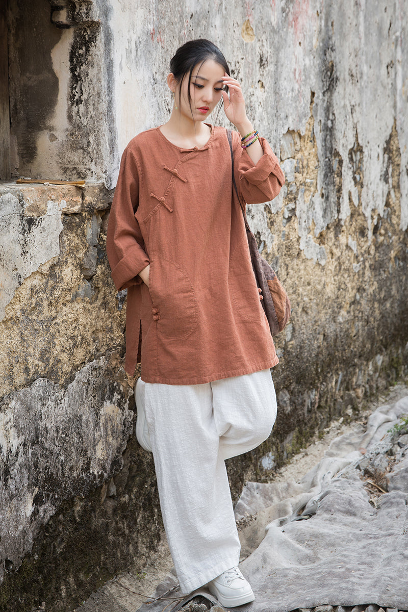 Vintage Summer Chinese Boat Collar Long Sleeve Shirt, Cotton  Linen Washed Frog Long T-Shirt 20250604