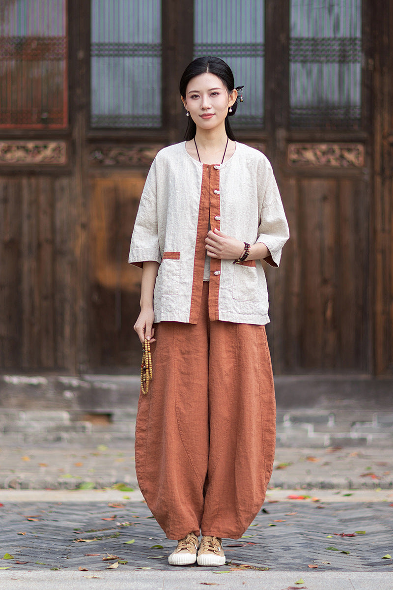 New New Chinese-Style Design: Comfortable, Lightweight Linen Top with Color-Blocked Patchwork and Button-Front Cardigan 20260511