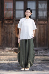 Women's Cotton-Linen Retro Zen-Inspired Stand-Collar Shirt with Stitched Buttonholes and Asymmetrical Hem 20260511